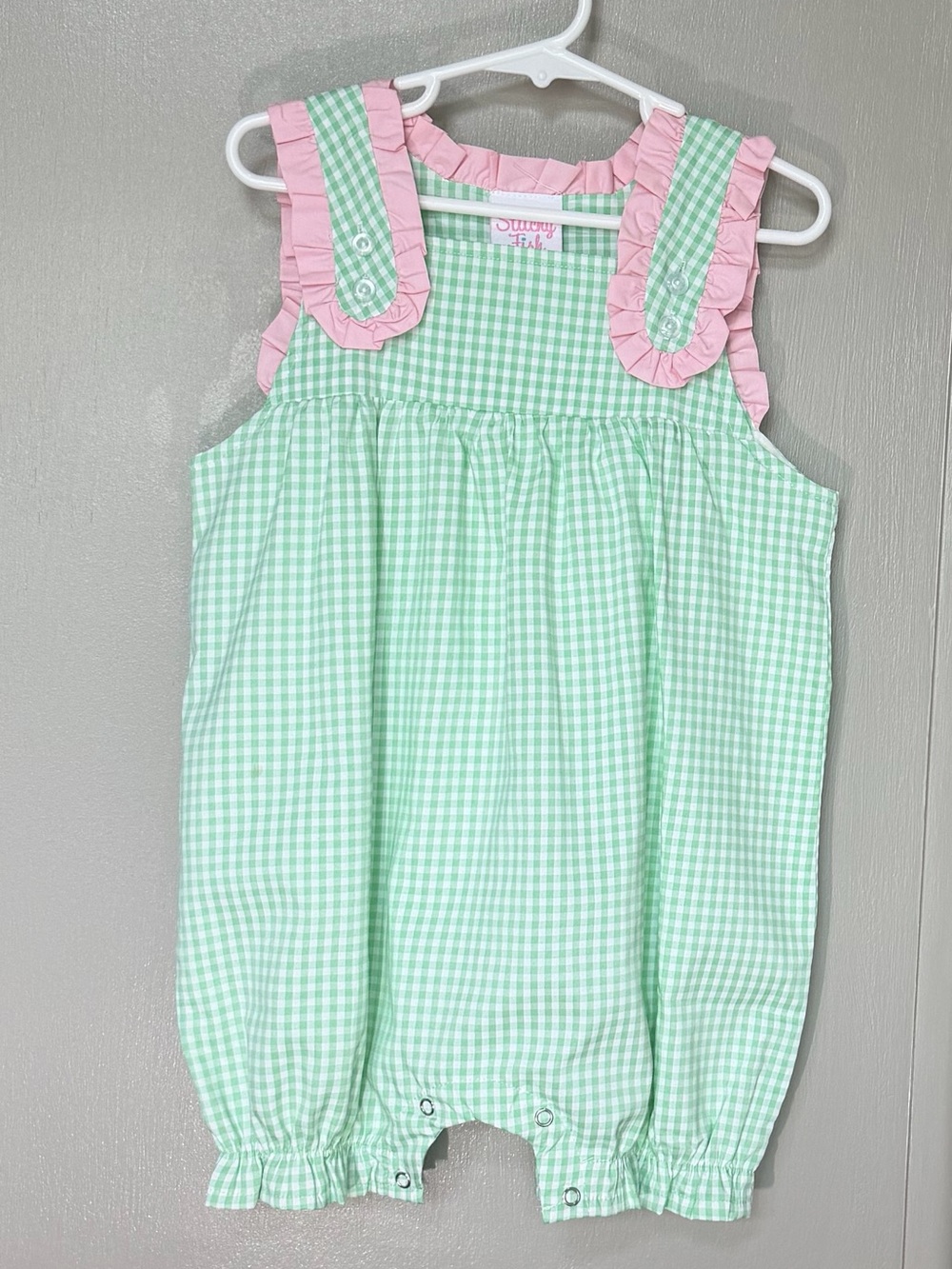 Stitchy Fish 2T  Girls' Green Gingham Romper with Pink Trim
